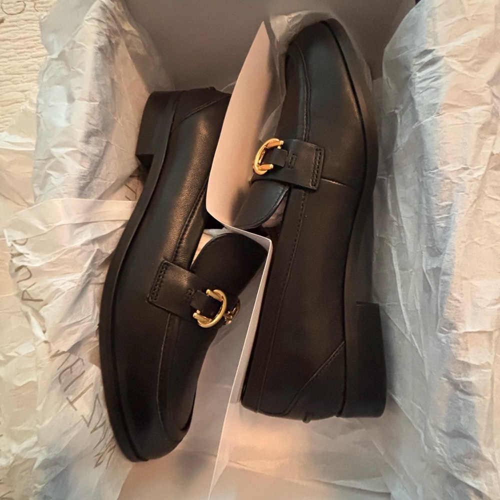 Stuart Weitzman Black Loafers with Gold Buckle